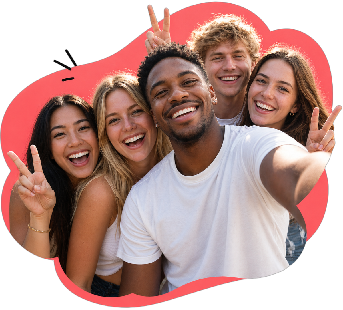 Grupo de amigos sonriendo en un plan de Koro