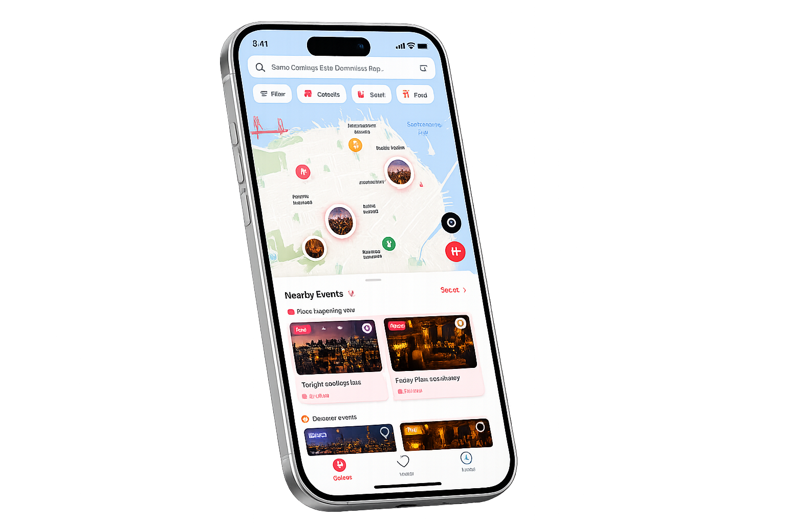 Koro mostrando un mapa con eventos, lugares y Koros cerca de ti